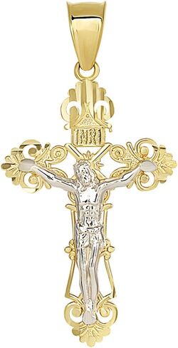 Solid 14K Two-Tone Gold Roman Catholic Cross Charm with Jesus INRI Crucifix Pendant in Saudi Arabia