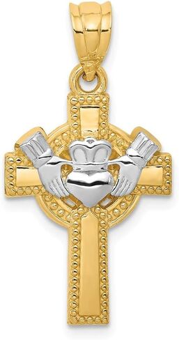 Solid 14k Yellow and White Gold Two Tone Celtic Irish Claddagh Cross Pendant Charm - 25mm x 15mm in Saudi Arabia