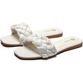 Womens Flat Slide Sandals,nude braided sandals for women,Square Open Toe Slippers Cute Slip On Summer Fashion Shoes Casual.
