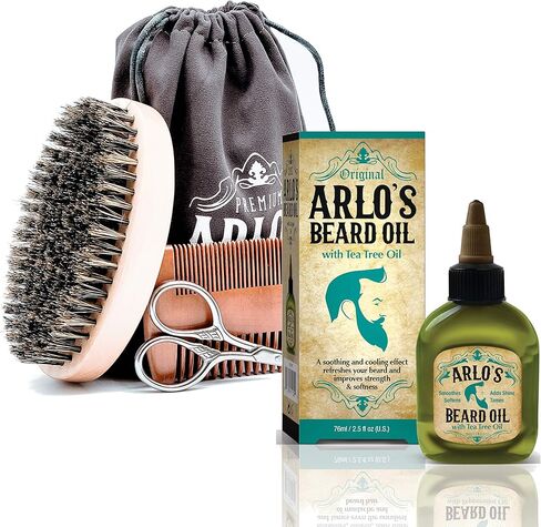 Arlo's 5-PC Mens Premium Beard Grooming Kit w/ Tea Tree Beard Oil 2.5oz -Beard Oil, Beard Brush, Beard Comb, Beard Scissors & Carry Bag in Kuwait