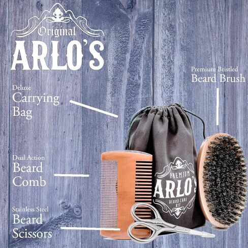 Arlo's 5-PC Mens Premium Beard Grooming Kit w/ Tea Tree Beard Oil 2.5oz -Beard Oil, Beard Brush, Beard Comb, Beard Scissors & Carry Bag in Kuwait