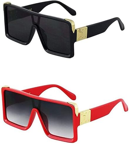 Oversized Big Thick Flat Top SHIELD Square Luxury Designer Sunglasses with Dark Gold Metal in Kuwait