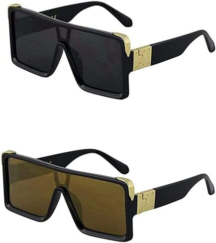 Oversized Big Thick Flat Top SHIELD Square Luxury Designer Sunglasses with Dark Gold Metal in Kuwait