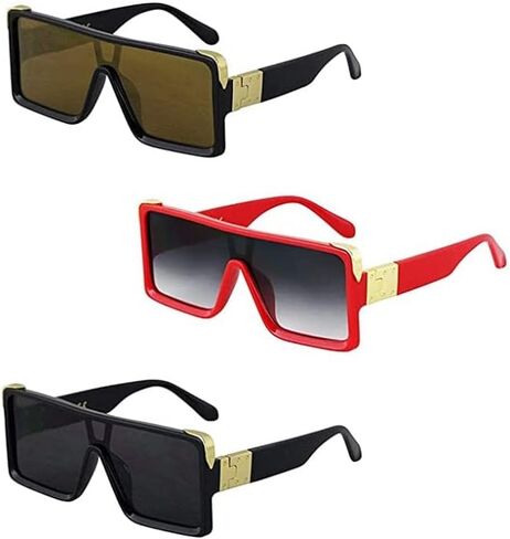 Oversized Big Thick Flat Top SHIELD Square Luxury Designer Sunglasses with Dark Gold Metal in Kuwait
