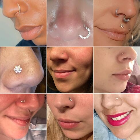 Drperfect 20G Surgical Steel L Shaped Nose Stud CZ Lined Nose Ring Hoop Triple Linear Gem Ball Round CZ Big Bling Flower Nose Piercing Jewelry in Saudi Arabia