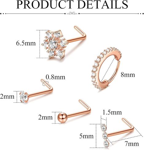 Drperfect 20G Surgical Steel L Shaped Nose Stud CZ Lined Nose Ring Hoop Triple Linear Gem Ball Round CZ Big Bling Flower Nose Piercing Jewelry in Saudi Arabia