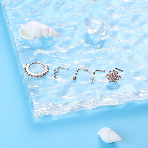 Drperfect 20G Surgical Steel L Shaped Nose Stud CZ Lined Nose Ring Hoop Triple Linear Gem Ball Round CZ Big Bling Flower Nose Piercing Jewelry in Saudi Arabia