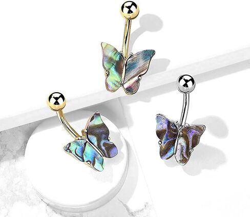 Abalone Shell Covered Butterfly Surgical Steel Belly Button Ring in Saudi Arabia