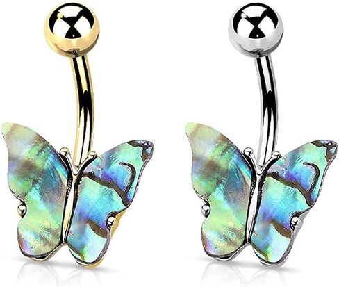 Abalone Shell Covered Butterfly Surgical Steel Belly Button Ring in Saudi Arabia