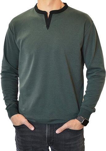 SpearPoint Apparel Men's Long Sleeve Henley Slit V-Neck Banded Notch Collar Shirt - Soft Cotton Blend, Stretch, Wrinkle-Free in Kuwait