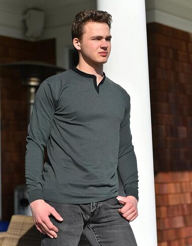 SpearPoint Apparel Men's Long Sleeve Henley Slit V-Neck Banded Notch Collar Shirt - Soft Cotton Blend, Stretch, Wrinkle-Free in Kuwait