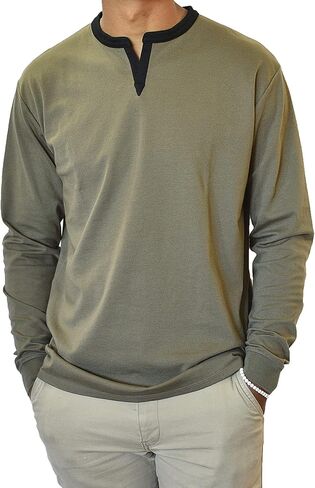 SpearPoint Apparel Men's Long Sleeve Henley Slit V-Neck Banded Notch Collar Shirt - Soft Cotton Blend, Stretch, Wrinkle-Free in Kuwait