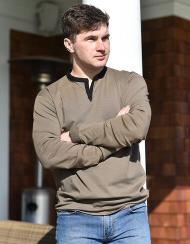 SpearPoint Apparel Men's Long Sleeve Henley Slit V-Neck Banded Notch Collar Shirt - Soft Cotton Blend, Stretch, Wrinkle-Free in Kuwait
