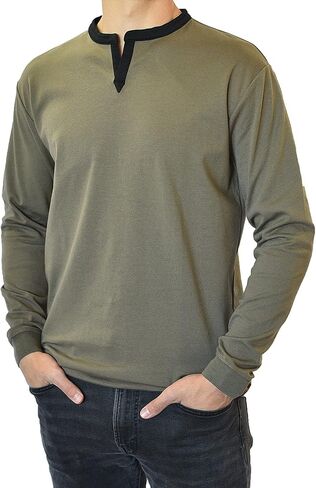 SpearPoint Apparel Men's Long Sleeve Henley Slit V-Neck Banded Notch Collar Shirt - Soft Cotton Blend, Stretch, Wrinkle-Free in Kuwait