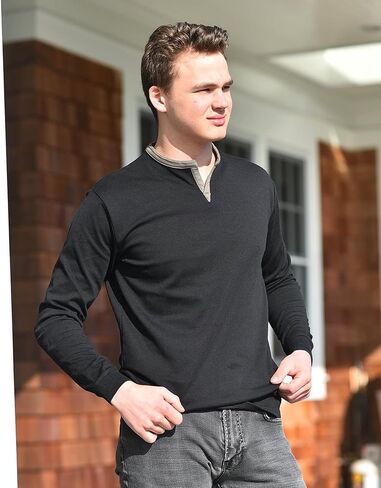 SpearPoint Apparel Men's Long Sleeve Henley Slit V-Neck Banded Notch Collar Shirt - Soft Cotton Blend, Stretch, Wrinkle-Free in Kuwait