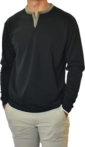 SpearPoint Apparel Men's Long Sleeve Henley Slit V-Neck Banded Notch Collar Shirt - Soft Cotton Blend, Stretch, Wrinkle-Free in Kuwait