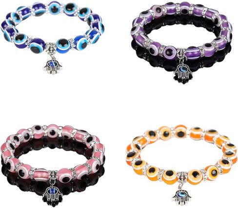 4 Pcs Evil Eye Bead Bracelet Hamsa Hand Fatima Charm Stretch Amulet Turkish Good Luck Protection Kabbalah Jewelry in Kuwait