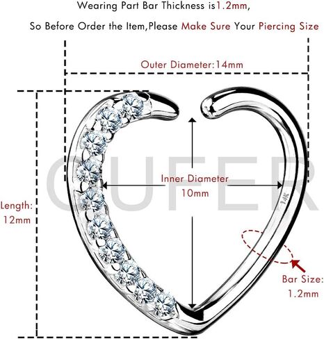 OUFER Heart Daith Earring 14K Soild White Gold Heart Sharped Right Closure Daith Cartilage Tragus Helix Earrings 16 Gauge Piercing Jewelry in Saudi Arabia