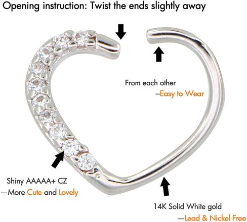 OUFER Heart Daith Earring 14K Soild White Gold Heart Sharped Right Closure Daith Cartilage Tragus Helix Earrings 16 Gauge Piercing Jewelry in Saudi Arabia