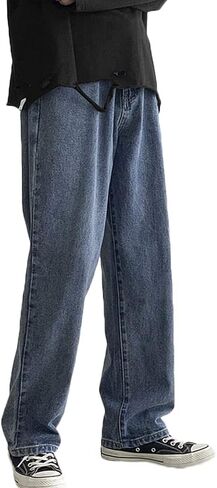 Rexcyril Men's Loose Fit Straight Leg Denim Jeans Baggy Wide Leg Plain Pants Trousers in Kuwait