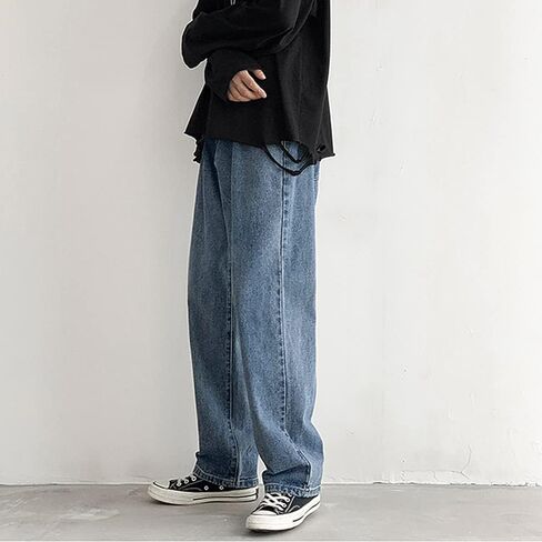 Rexcyril Men's Loose Fit Straight Leg Denim Jeans Baggy Wide Leg Plain Pants Trousers in Kuwait