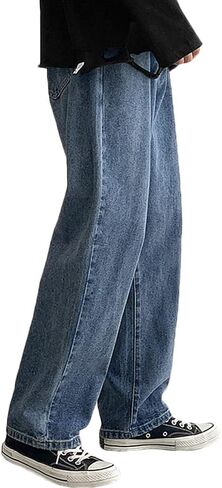 Rexcyril Men's Loose Fit Straight Leg Denim Jeans Baggy Wide Leg Plain Pants Trousers in Kuwait