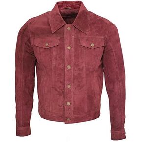 Men's Trucker Casual Burgundy Goat Suede Leather Shirt Jeans Jacke in Kuwait