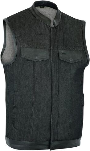 Daniel Smart Men’s Vest - Black Denim with Leather Detailing Design Motorcycle Vest for Men with Concealment Armory Pocket in Kuwait