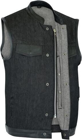 Daniel Smart Men’s Vest - Black Denim with Leather Detailing Design Motorcycle Vest for Men with Concealment Armory Pocket in Kuwait