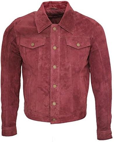 Men's Trucker Casual Burgundy Goat Suede Leather Shirt Jeans Jacke in Kuwait
