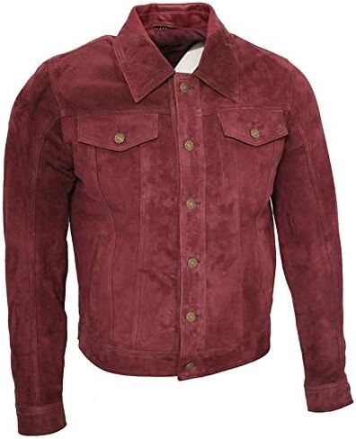 Men's Trucker Casual Burgundy Goat Suede Leather Shirt Jeans Jacke in Kuwait
