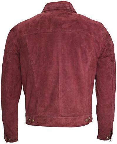 Men's Trucker Casual Burgundy Goat Suede Leather Shirt Jeans Jacke in Kuwait