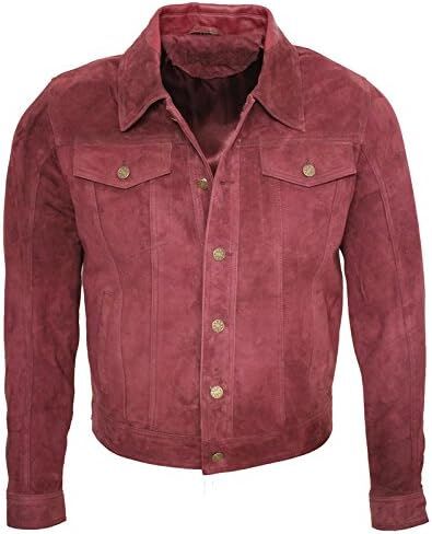 Men's Trucker Casual Burgundy Goat Suede Leather Shirt Jeans Jacke in Kuwait