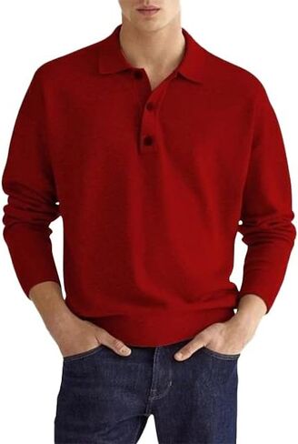 Fall Long Sleeve V-Neck Button Men’s Casual Top Polo Shirt in Saudi Arabia
