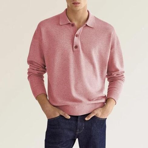 Fall Long Sleeve V-Neck Button Men’s Casual Top Polo Shirt in Saudi Arabia