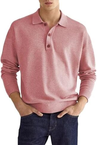 Fall Long Sleeve V-Neck Button Men’s Casual Top Polo Shirt in Saudi Arabia