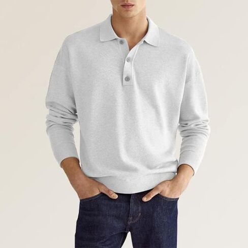 Fall Long Sleeve V-Neck Button Men’s Casual Top Polo Shirt in Saudi Arabia