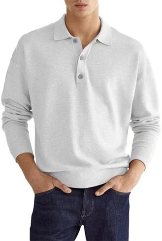 Fall Long Sleeve V-Neck Button Men’s Casual Top Polo Shirt in Saudi Arabia