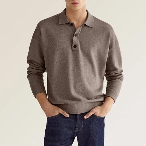 Fall Long Sleeve V-Neck Button Men’s Casual Top Polo Shirt in Saudi Arabia