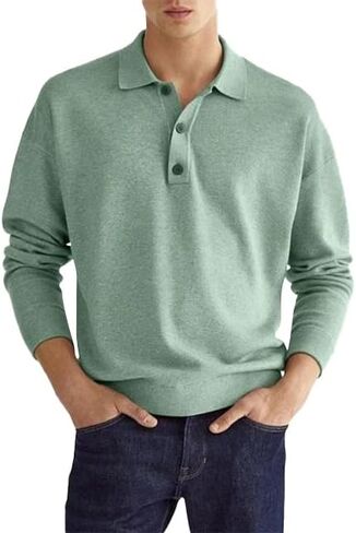 Fall Long Sleeve V-Neck Button Men’s Casual Top Polo Shirt in Saudi Arabia