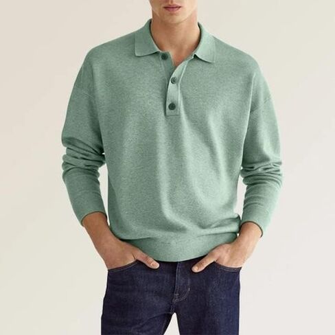 Fall Long Sleeve V-Neck Button Men’s Casual Top Polo Shirt in Saudi Arabia