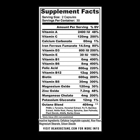 Beard Octane - Beard Fuel - Beard Hair Growth Multivitamins with Biotin, Vitamin A, Vitamin C - 30-Day Supply - Healthy, Strong, Thick Beard Growth - Made in the USA in Saudi Arabia