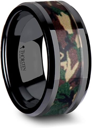 Ranger Beveled Black Ceramic Wedding Ring with Real Military Style Jungle Camo - 10mm Wide Band in Kuwait