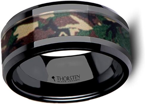 Ranger Beveled Black Ceramic Wedding Ring with Real Military Style Jungle Camo - 10mm Wide Band in Kuwait