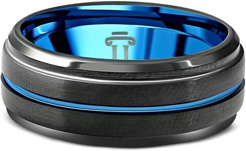 Men's Black & Blue Tungsten Ring Brushed Beveled Step Cut Wedding Band in Saudi Arabia