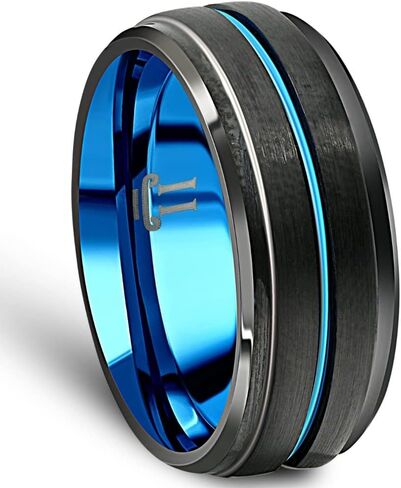 Men's Black & Blue Tungsten Ring Brushed Beveled Step Cut Wedding Band in Saudi Arabia