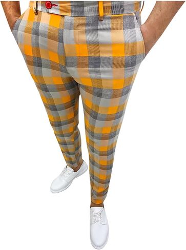 Ymosrh Khaki Cargo Pants for Men Fashion Stretch Dress Pants Slim Fit Plaid Pants Business Suit Casual Golf Work in Kuwait