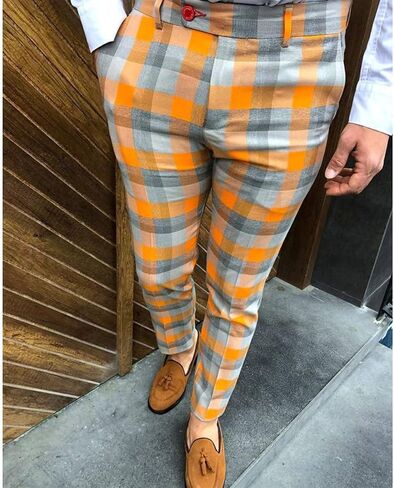 Ymosrh Khaki Cargo Pants for Men Fashion Stretch Dress Pants Slim Fit Plaid Pants Business Suit Casual Golf Work in Kuwait