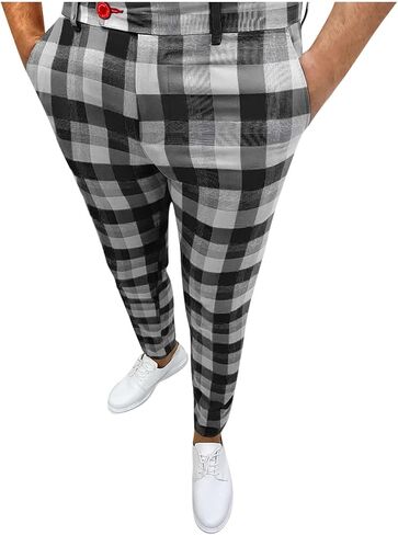 Ymosrh Khaki Cargo Pants for Men Fashion Stretch Dress Pants Slim Fit Plaid Pants Business Suit Casual Golf Work in Kuwait