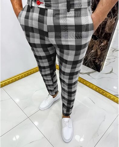 Ymosrh Khaki Cargo Pants for Men Fashion Stretch Dress Pants Slim Fit Plaid Pants Business Suit Casual Golf Work in Kuwait